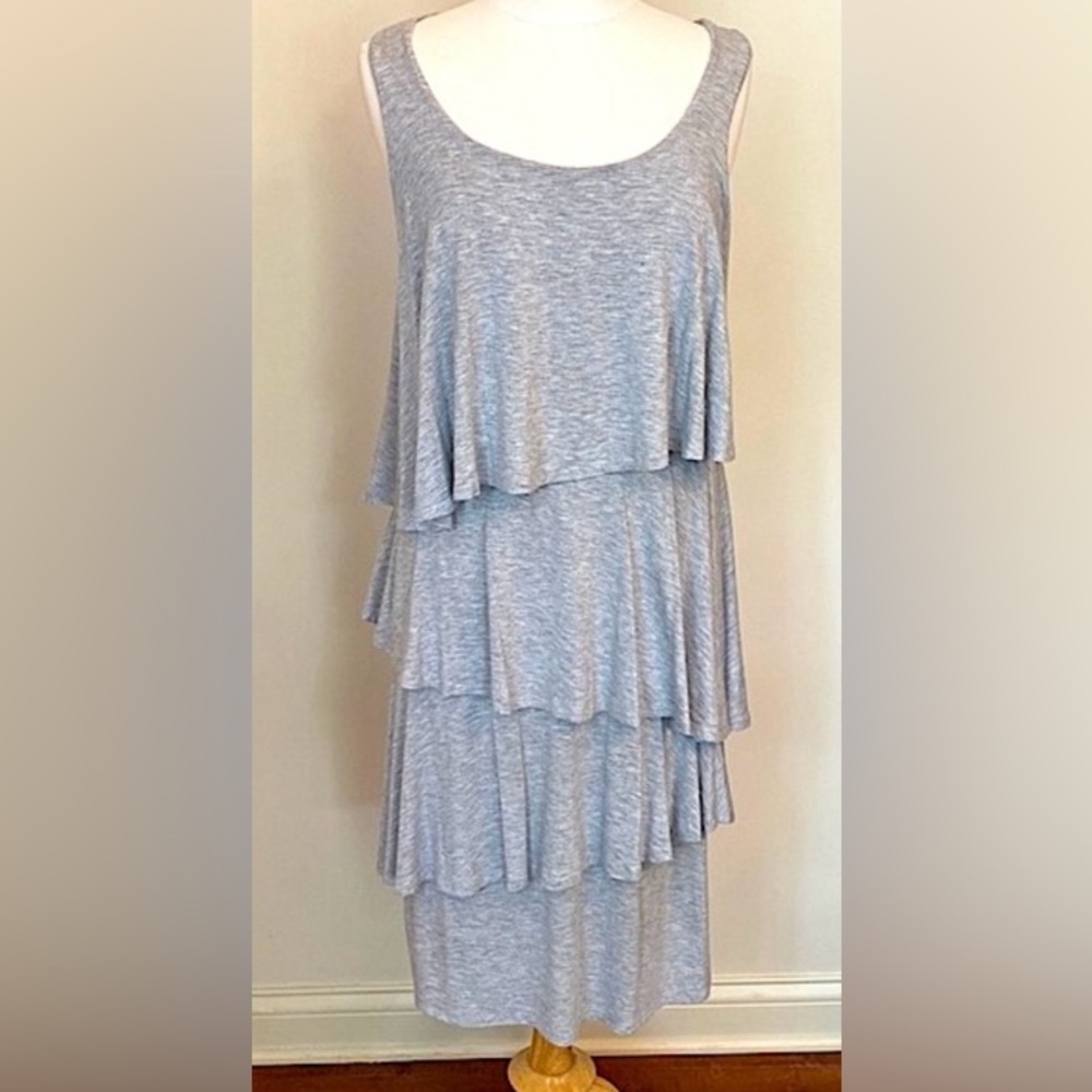 Soft Surroundings Darcie Tiered Ruffles Gray Jersey Knit Sleeveless Dress Size S